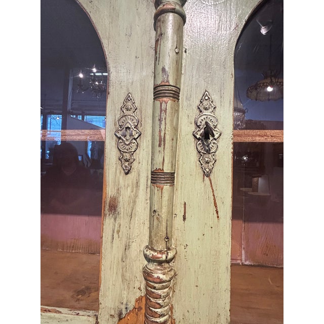 Wood Antique Country Celadon Green Painted Distressed Stepback Cupboard Cabinet For Sale - Image 7 of 18