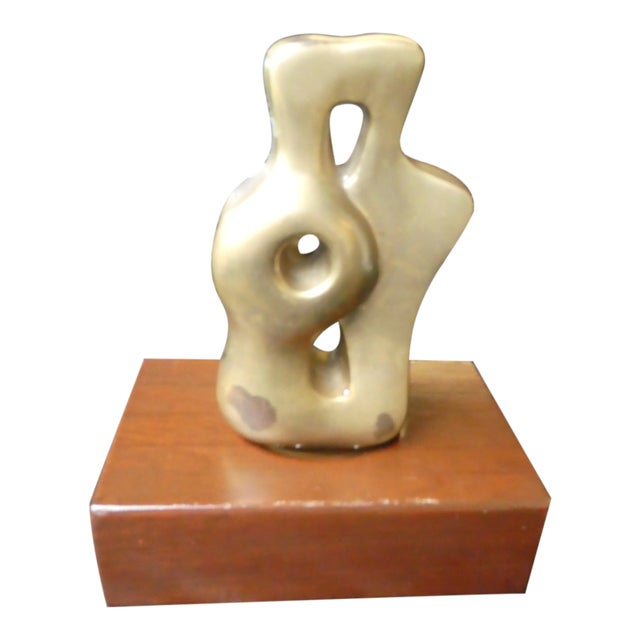 1970s Signed Bronze Abstract Figure on Wood Plinth For Sale