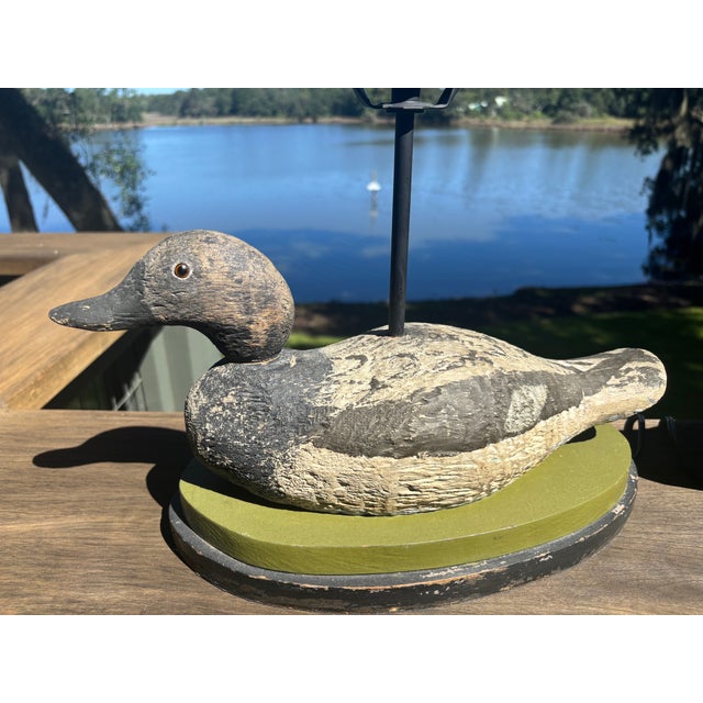 Early 20th Century Early 20th Century Hand-Carved Duck Decoy Lamps With Custom Ticking Stripe Shades – Pair For Sale - Image 5 of 17
