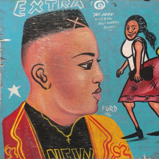 A whimsical and unique, Ghanaian barbershop haircut board signed, upper left, 'Joe Addai' (Ghanaian, 20th century),...