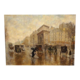 Antique Parisian Street Scene Oil on Canvas Painting of Porte Saint-Martin, 1913 For Sale