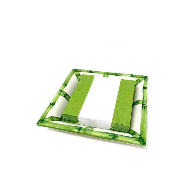2020s Fret Rim Tray — Italian Hand-Painted Ceramic, Bamboo Motif, Green For Sale - Image 5 of 5
