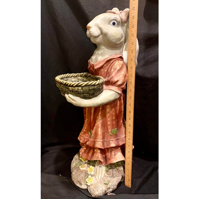 Traditional Late 20th Century Large Folk Art Country Whimsical Bunny Rabbit Holding a Basket Statue Excellent Condition For Sale - Image 3 of 11