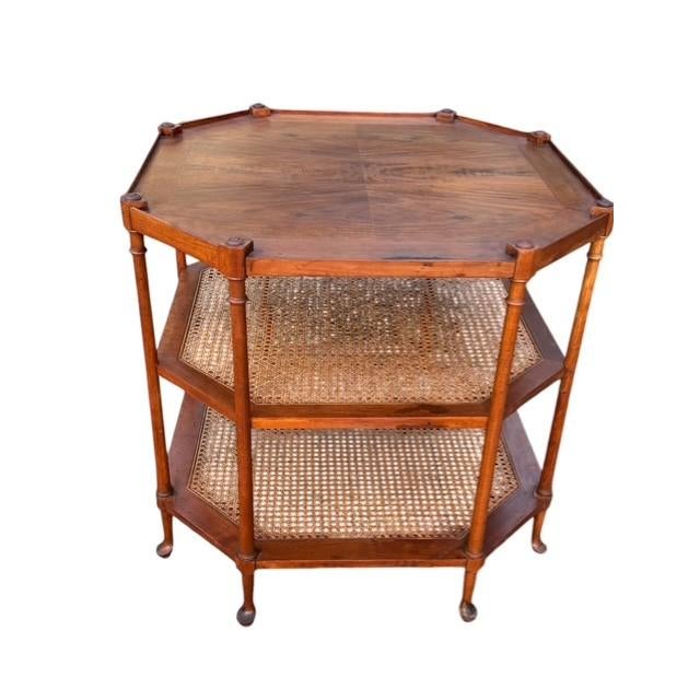 Wood Vintage Baker Furniture Octagonal Bookmatched Walnut & Cane Three-Tier Side Table For Sale - Image 7 of 7