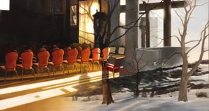 Jennifer Presant Red Interior, Oil Painting, Scene Through Window, 2006