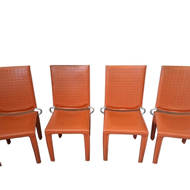 Vintage Chairs in Orange Leather and Iron, 1980, Set of 4 For Sale - Image 3 of 11