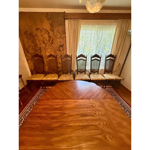 Brown Late 20th Century French Provincial Oak Dining Set — Table With Two Leaves & 6 Cane-Back Chairs For Sale - Image 8 of 9
