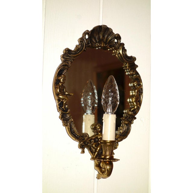 Antique Brass Mirror Putti Wall Lamps from Unbekannt, 1920s, Set of 2 For Sale - Image 4 of 8