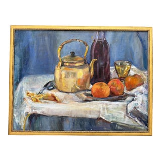 1970s Still Life Painting - Fruit on Table With Kettle For Sale