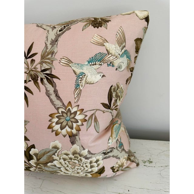 Beautiful custom bird and botanical print throw pillow. The pillow measures 22' square, has a knife edge, and backed in...