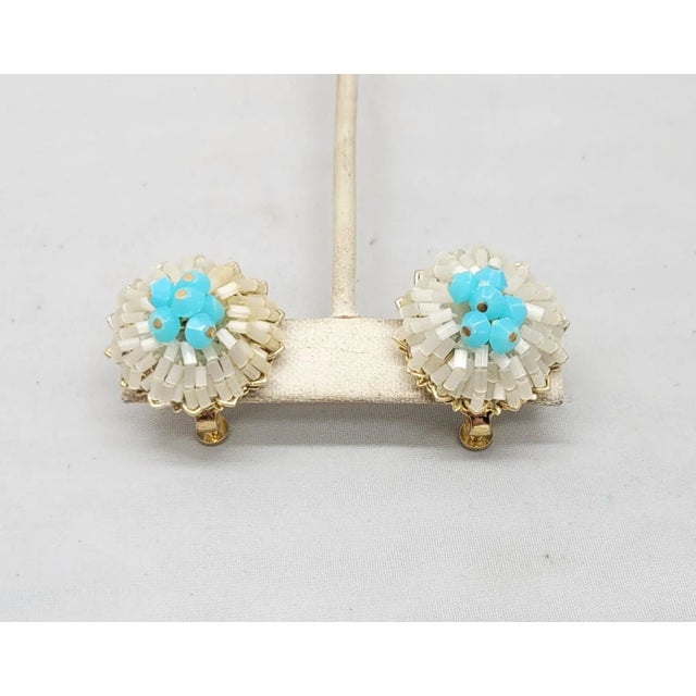 1960s Vintage 1960s Signed Vendome White & Turquoise Beaded Clip Earrings - 2 Pieces For Sale - Image 5 of 9