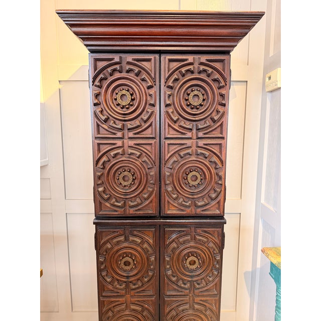 Mid-Century Carved Wood Bar Cabinet With Smoky Glass Interior For Sale - Image 11 of 12