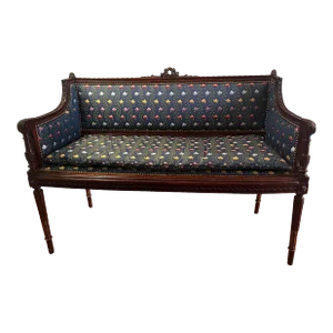Late 18th Century Antique French Louis XVI Carved Walnut & Silk Settee