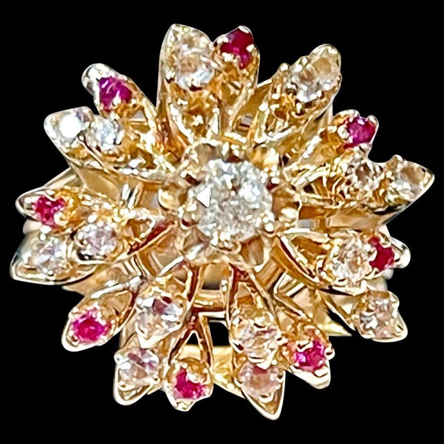 Natural Ruby and Diamond 14 Karat Yellow Gold Flower Cocktail Ring For Sale - Image 17 of 18