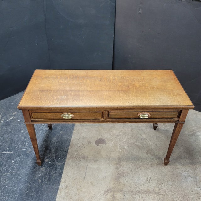 Wood Early 20th Century English Oak 2 Drawer Console Table With Tapered Legs and Spade Feet For Sale - Image 7 of 13