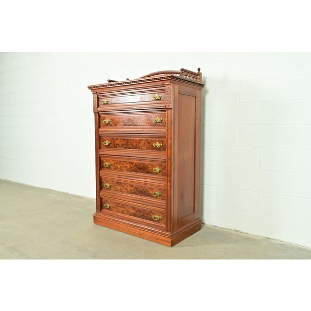 Victorian Herter Brothers Style Antique Eastlake Victorian Carved Walnut and Burl Wood Highboy Dresser, Circa 1880s For Sale - Image 3 of 17