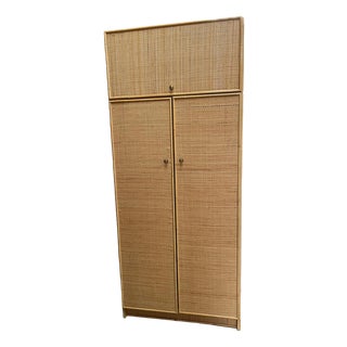 Vintage Cane Wardrobe with Top Storage Unit For Sale