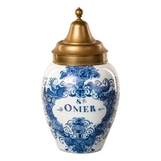 Dutch Delftware Blue & White Tobacco Jar, "St. Omer," With Brass Lid, Early 19th Century For Sale