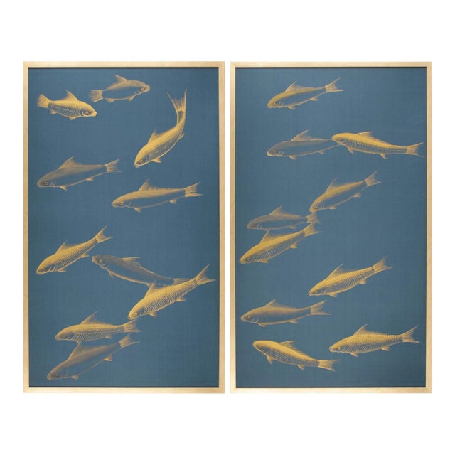 Metallic Gold Fish on Deep Blue Silk Paintings Diptych, Framed For Sale
