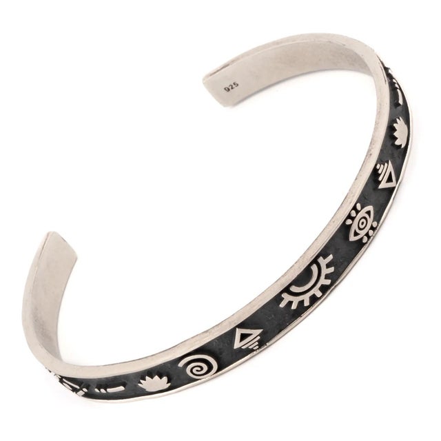 Modern Sterling Silver Spiritual Symbols Cuff Bracelet For Sale - Image 3 of 8