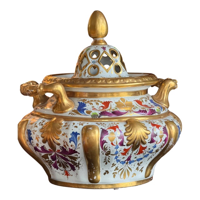 Antique 18th C Coalport English Porcelain Centerpiece Covered Potpourri Bowl For Sale