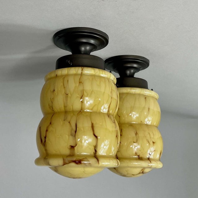 Art Deco Marbled Opaline & Burnished Brass Flush Mounts, Germany, 1930s, Set of 2 For Sale - Image 12 of 16