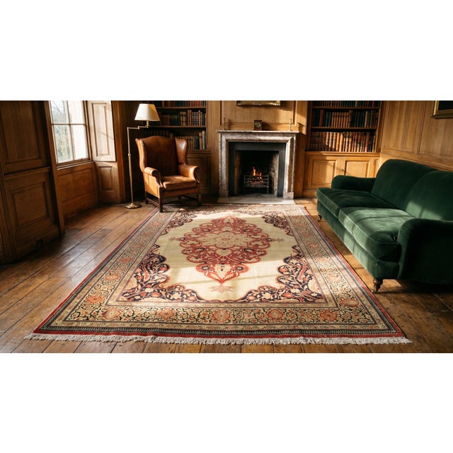 1890s Ivory Red Medallion Antique Persian Tabriz Haji Jalili Rug 7' 6" X 11' 0" Handknotted Wool Carpet For Sale - Image 9 of 9