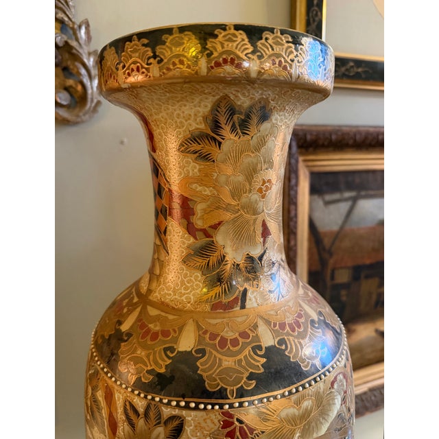 Vintage Chinese Satsuma Style 23.5" Porcelain Vase on Stand. Excellent condition with beautiful applied decor. Gilt...