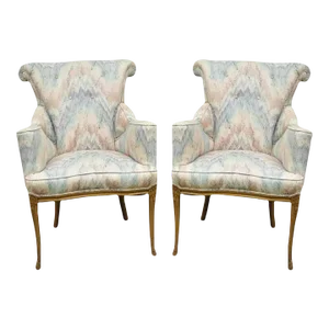 Early 20th Century Vintage French Hollywood Regency Rolled Back Fireside Parlor Arm Chairs - a Pair