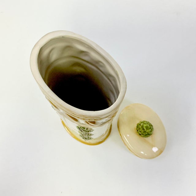 1980s Vintage Italian Mediterranean Artichoke Motif Lidded Oval Ceramic Tall Pasta Canister For Sale - Image 14 of 14