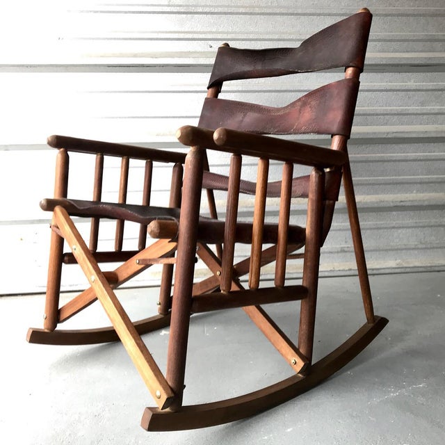 MidCentury Modern Costa Rican Leather Campaign Folding Rocking Chair
