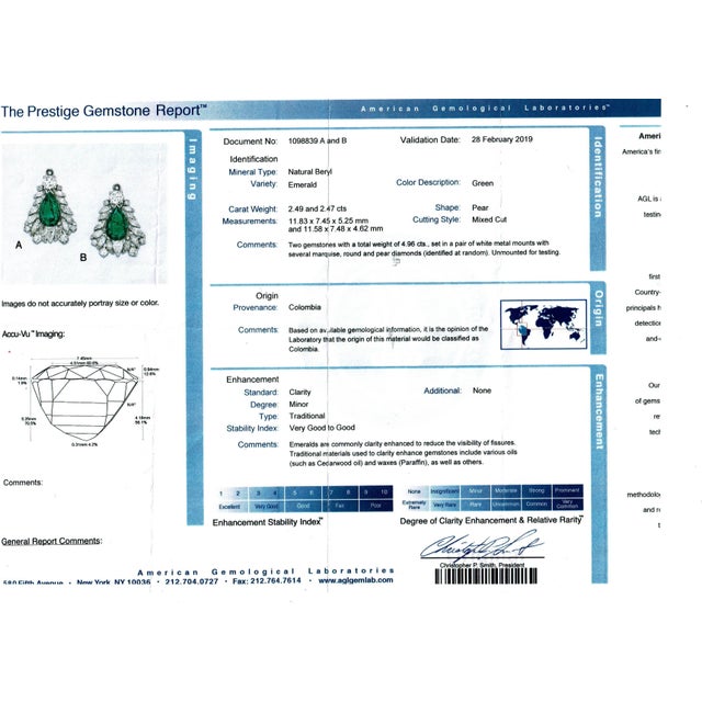 1960 Agl Certified Colombian Minor Traditional Emerald Diamond Drop Earrings Pt For Sale In New York - Image 6 of 8