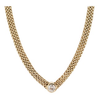 Vintage 14k Yellow Gold 0.86ct Diamond Solitaire Mesh Chocker Pendant Necklace For Sale