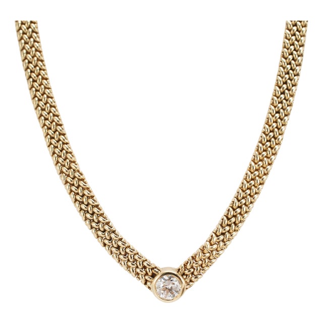 Vintage 14k Yellow Gold 0.86ct Diamond Solitaire Mesh Chocker Pendant Necklace For Sale