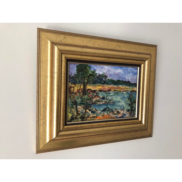 Vintage Swedish landscape painting by Bertil Svensson (1924-2012). Wonderful colors and texture.Painted on panel. Gold...