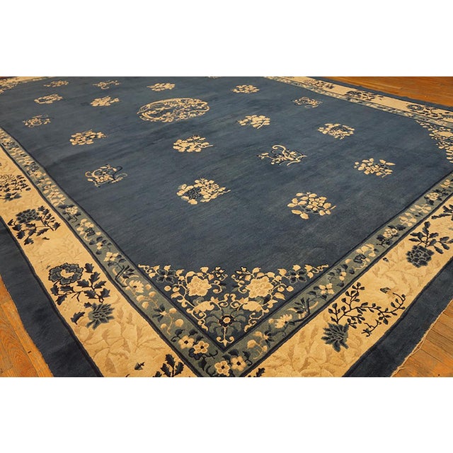 Chinese 1900s Royal Blue Medallion Antique N. Chinese Peking Rug 12'2" X 18' Handknotted Wool Carpet For Sale - Image 3 of 6