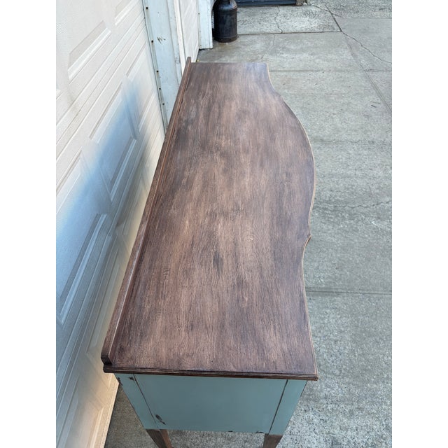 Early 20th Century 1920s Painted Sideboard Buffet | Antique Bow Front Server | Hepplewhite Revival Cabinet | Blue Wood Credenza | Farmhouse Cottage Wood Buffet For Sale - Image 5 of 12