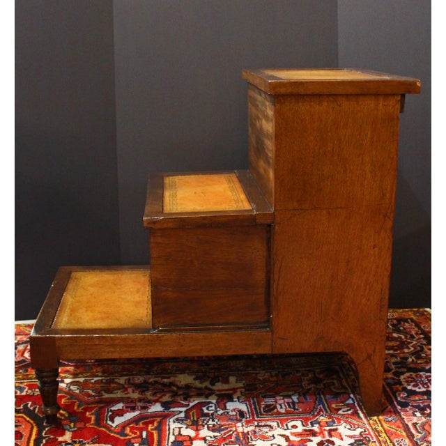 Circa 1820 late Sheraton design bedsteps, English. Regency-George IV period. Bold, short, ring turned feet. Mahogany &...