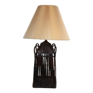 Vintage Bohemian Woven Reed Wicker Rattan Basket Table Lamp For Sale