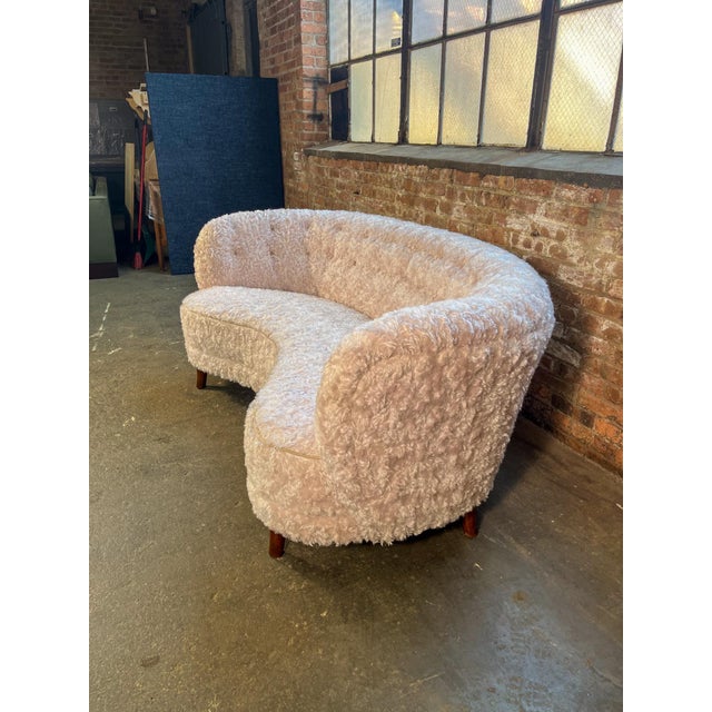 Mid 20th Century Mid 20th Century Swedish Curved Sofa in New Ivory Curly Upholstery For Sale - Image 5 of 8