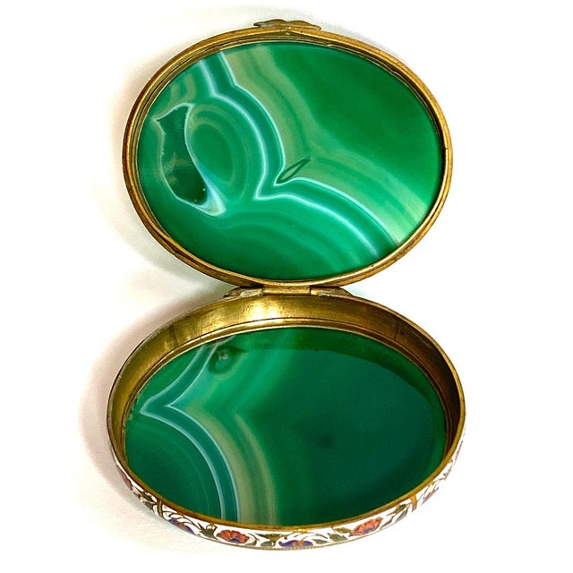 Metal French Gilt Metal Champleve Enamel and Green Agate Snuff or Pill Box For Sale - Image 7 of 8