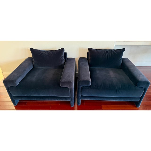 CB2 Designer Blue Velvet Designer Lounge Chairs purchased new 2 years ago and kept in excellent, like-new condition. High-...