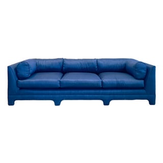 1980s Art Deco Chinoiserie Style Royal Blue Allover Upholstered 3-Seater Sofa For Sale