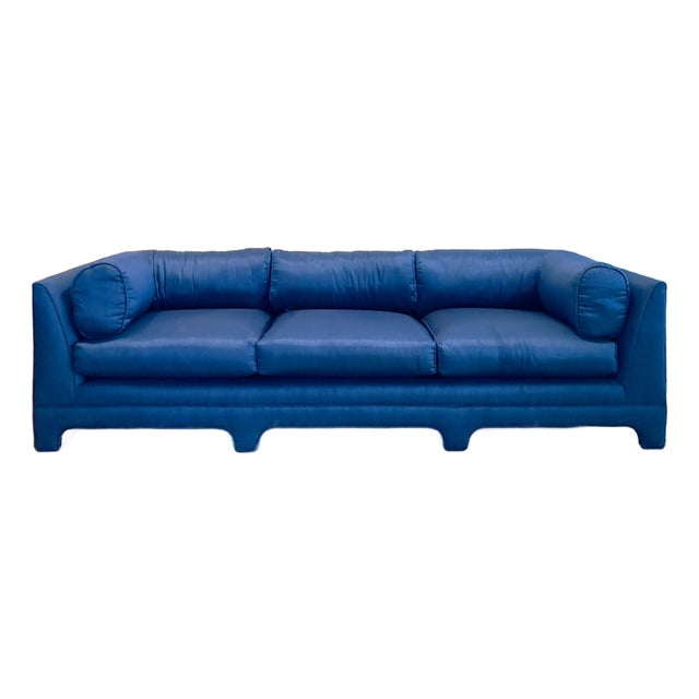1980s Art Deco Chinoiserie Style Royal Blue Allover Upholstered 3-Seater Sofa For Sale