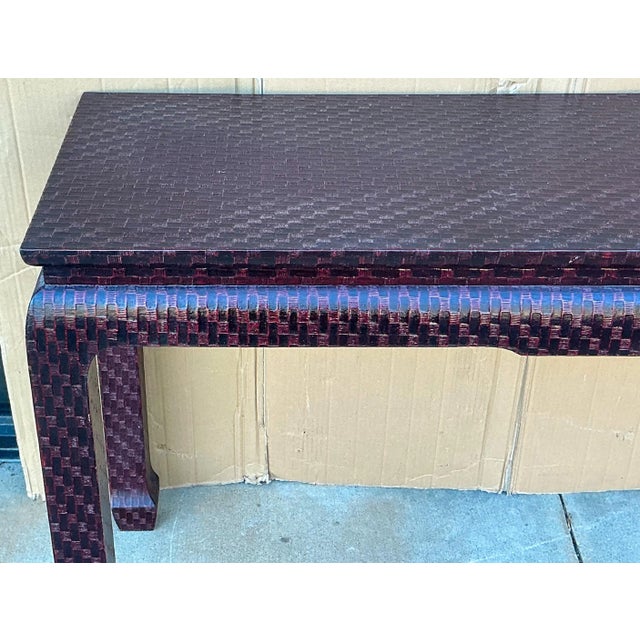 Burgundy Asian Modern Grasscloth Wrapped Ming Style Console Tables Att. Baker Furniture For Sale - Image 8 of 12
