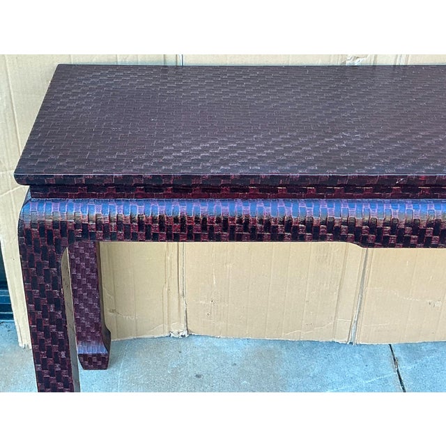 Burgundy Asian Modern Grasscloth Wrapped Ming Style Console Tables Att. Baker Furniture - Pair For Sale - Image 8 of 12