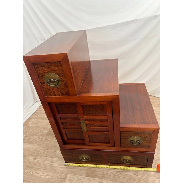 1990s Japanese Kaidan Tansu Step Chest Cabinet Pin Locks Four Pass Through Drawers 1a For Sale - Image 11 of 13