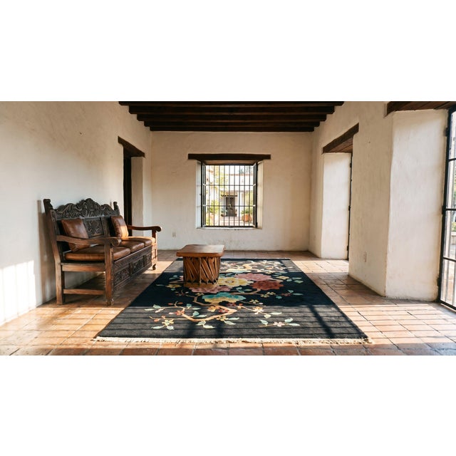 Marvelous Black Color and Lovely Multi Color Floral Desing Antique Chinese Art Deco Rug For Sale - Image 11 of 13