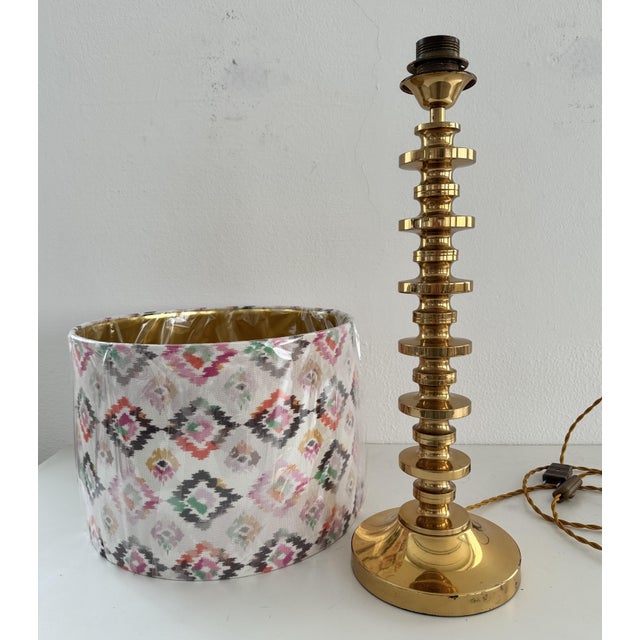 Gold Mid-Century Brass Table Lamp with Ikat Lampshade, 1970s For Sale - Image 8 of 15