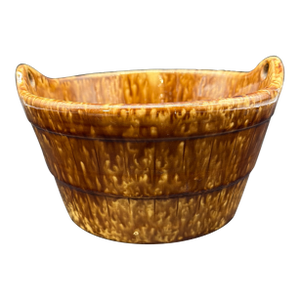 A Antique Rockingham Glazed Yellowware Pottery Barrel Form Crock, Circa 1860’s